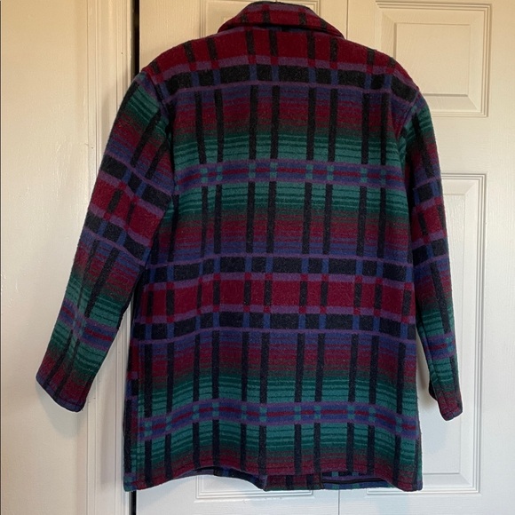 VTG 80s L.L.Bean wool blend stadium blanket Aztec coat Southwestern plaid pocket - Picture 6 of 12
